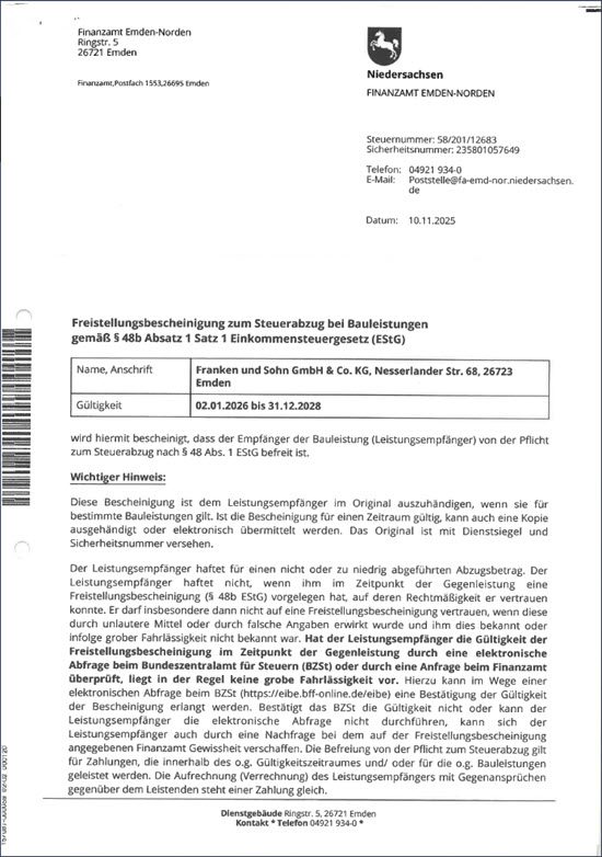 Freistellungsbescheinigung bis 2028